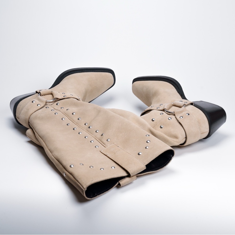 Beige Suede Knee-High Boots — Pointed Toe, Stacked Heel, Stud Detail - Picture 3 of 8